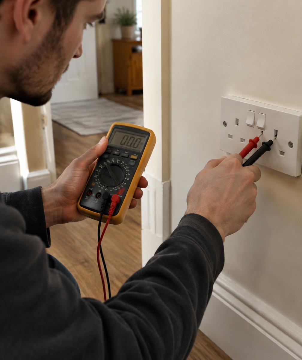 Electrician testing a wall socket with a meter